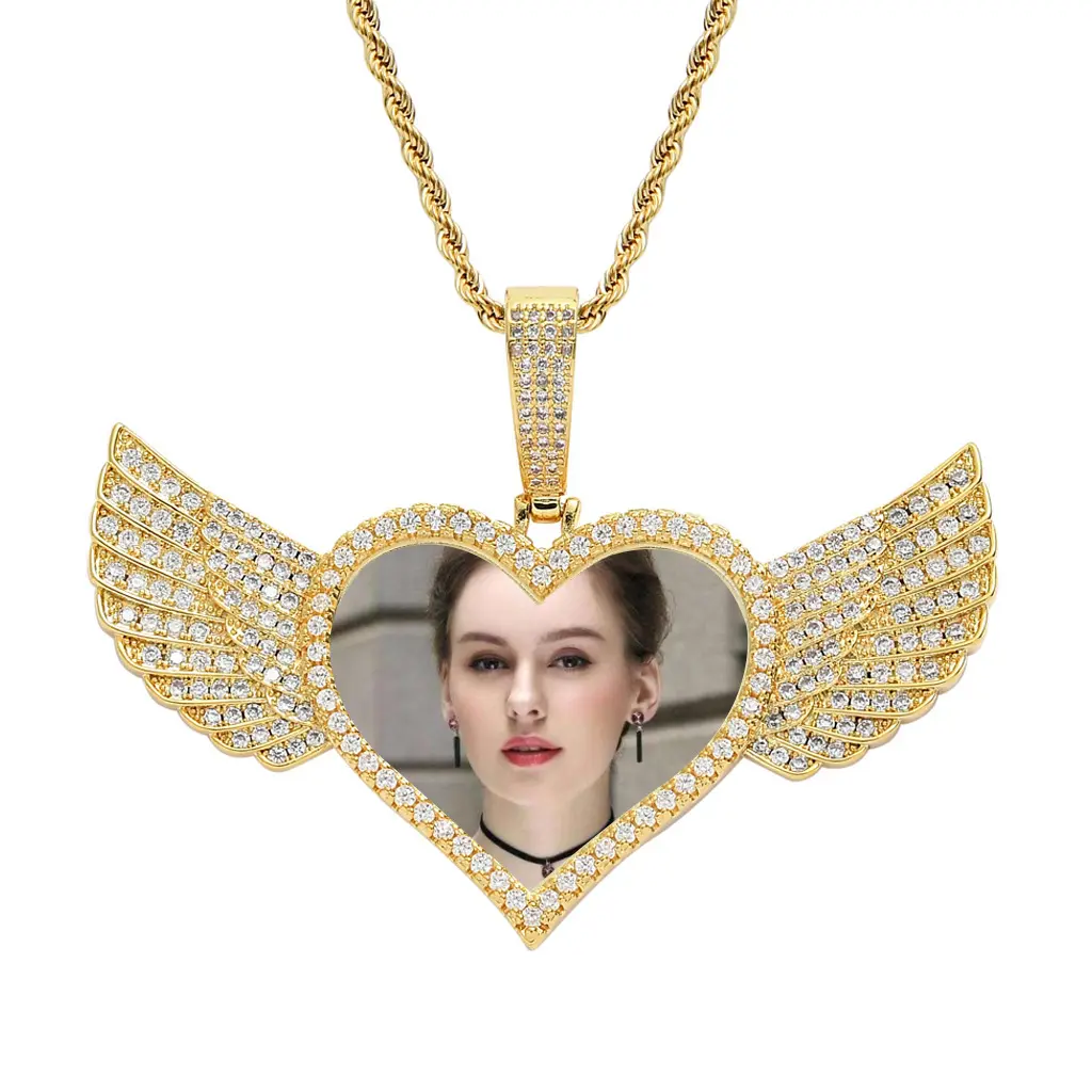 DUYIZHAO Gold Plated Heart Wing Photo Pendant Hip Hop Pendants with Chain Personal Customized Picture Frame Charm Jewelry Gift