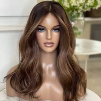 Topper capillaire 100% cheveux humains européens, mèches brunes balayage, à clipser, base en soie nouée à la main, pour femmes souffrant de perte de cheveux