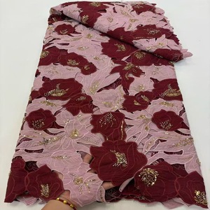 Dentelle florale africaine, tissu guipure ajouré, broderie de perles, tube de sequins, accessoires pour robes de mariée, perles solubles dans l'eau, 130 cm - Product Image 4