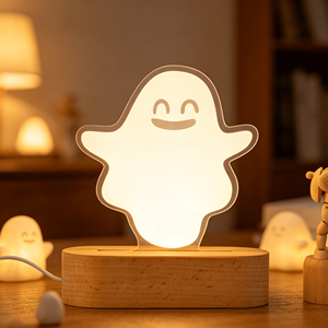 Lampe de nuit LED très vendue 2025, design tendance, base ovale en bois de hêtre avec motif gravé au laser personnalisable pour chambre à coucher - Product Image 3
