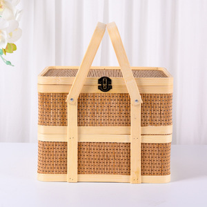 Bamboo Woven Gift Boxes Rectangular With Handles For Fruits <b>Eggs</b> And Meat <b>Storage</b> - Product Image 2