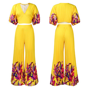 ชุดเซ็ต 2 ชิ้นแฟชั่นสำหรับผู้หญิง สไตล์ใหม่รับซัมเมอร์ เสื้อคอวีพิมพ์ลาย กางเกงขายาวทรงหลวม สวมใส่สบาย - Product Image 5