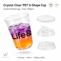 Gobelets en plastique PET transparents en forme de U de 400 ml personnalisés avec couvercles, étanches, impression sérigraphique, vente en gros, gobelets jetables pour boissons froides