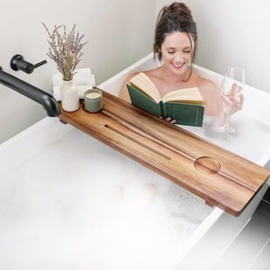 Plateau de baignoire en bois d'acacia et de noyer, grand support de salle de bain pour téléphone et tablette, style moderne et minimaliste - Product Image 1