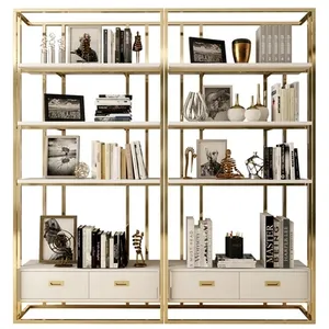 Exeon Elegant Stylish Bookshelf Wood Drawer Golden Metal Bookcase