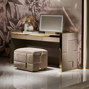 Customized Luxury Makeup Vanity Table Storage Drawer Marble Stone Top Dressing Table Mirrored Dresser
