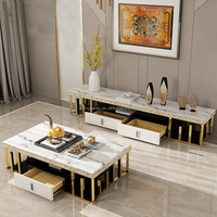 Nouvelle table basse en acier inoxydable doré avec plateau en marbre blanc et tiroir