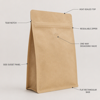 Pochette à fond plat en kraft naturel avec valve de dégazage unidirectionnelle, fermeture éclair refermable, soufflet latéral, étiquette privée, en stock