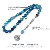 Winon Tasbih musulman de haute qualité en agate bleu lac à motif dragon, 10 mm, 33 perles, accessoires de mode, cadeau de l'Aïd