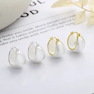 S925 Silver Earrings Female Korean Version Fashion Sweet Golden Brushed Round Ear Buckle Temperament Personality Ear Jewelry