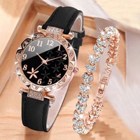 Set Gelang Jam Tangan Wanita Kulit Berhias Berlian Baru Terlaris Lintas Negara, Elegan, Berkelas, Serbaguna, Quartz, untuk Pelajar