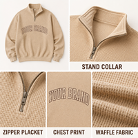 Sweat-shirt à col montant zippé pour homme, en coton gaufré épais beige, avec imprimé lettres, marque privée