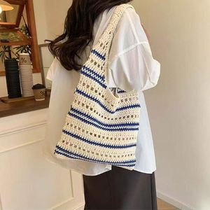 Custom Handmade Large Capacity Striped Cotton Knitted Women's Shoulder Tote Crochet Bag Niche <b>Woolen</b> Woven Fashionable Accessory - Product Image 3