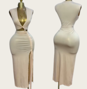 Viviblook Z717DS01 Robe de couleur unie pour femme Slash Col en V Sans manches Fente irrégulière Maxi Robes décontractées - Product Image 1