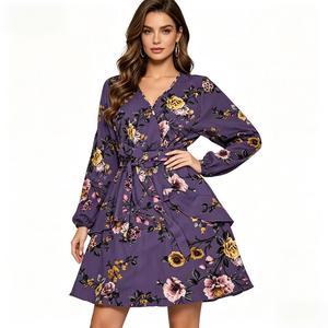 Nouvelle Robe Longue Décontractée pour Femme 2026, de Haute Qualité, à Manches Longues et Col en V, avec Motif Floral Violet sur le Bas, Service d'Usine <span class=keywords><strong>Original</strong></span> - Product Image 2