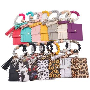 Silicone Bead Wristlet Wallet Keychain Wallet Card Holder Pu Leather Key Chains Tassel Lady Coin Purse <strong>Keyring</strong> Wristlet Key <strong>Ring</strong> - Product Image 2