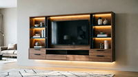 Meuble TV mural flottant laqué brillant avec tiroirs, taille personnalisée pour chambre et bureau