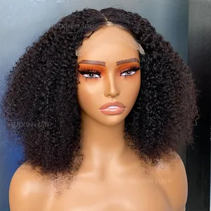 Wholesale Virgin Raw Brazilian Indian 100% Human Hair natural black kinky curly 5x5 HD lace closure wig