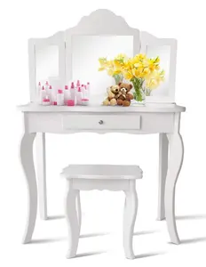 Princess Makeup Dressing Table with Pull-Out Drawer, Wooden Beauty Dressers for Little Girls