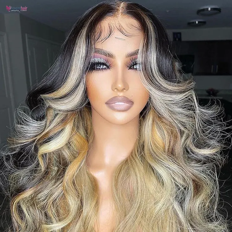 Hd 13X4 Lace Frontale Pruik Body Wave Ombre Grijs Blond Bruin Gekleurd Pre-Tokkel Lijmloze Kantsluiting Pruiken Voor Dames