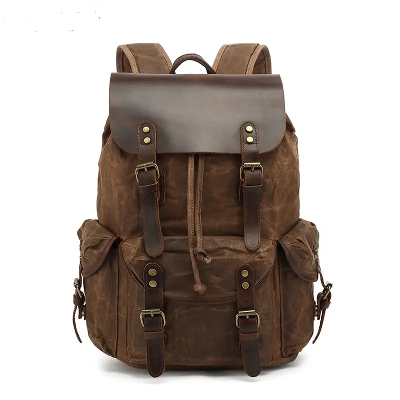 Travel Leather Waxed Canvas Backpack Men Vintage Laptop School Bag backpack canvas Daypack Large