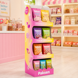 Support portable multi-niveaux en carton ondulé pour snacks en sachet, impression CMYK, installation facile pour présentoirs en magasin - Product Image 1