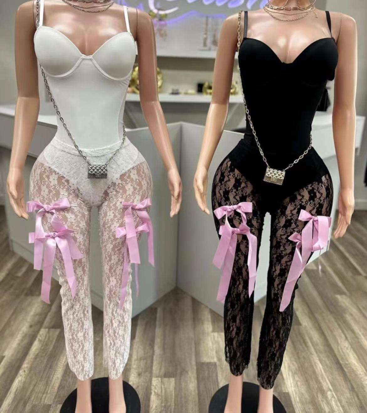 ZHEZHE Women Sexy Piece Set Corset Bodysuit Tops High Waist Slim Bow Lace  Pants Fashion Party Clubwear Suits