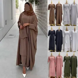 Latest Design Turkey Dubai Solid Color Two Piece Set Abaya Women Kaftan Crepe Casual Modest Women Muslim Dress Open Abaya Sets
