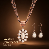 Parure de bijoux bohème western turquoise pour femme, collier double rangs perlé, pendentif grappe de fleurs, boucles d'oreilles pendantes, cadeau cowgirl