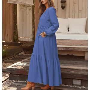 Abito Bohémien da <span class=keywords><strong>Donna</strong></span> con Bottoni, Plissettato, a Maniche Lunghe, Casual, <span class=keywords><strong>Taglie</strong></span> Forti, con Cintura - Set Abito Bohémien - Product Image 5