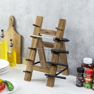 Portacuchillos de madera de 5 niveles para almacenamiento en escritorio, para cuchillos de cocina, cuchillos para frutas, estilo simple, color quemado. - Product Image 1