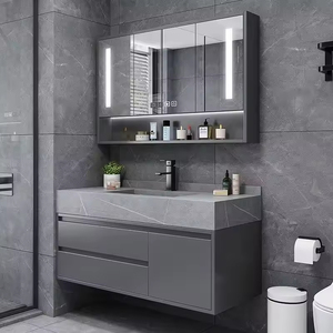 Modern Black and Gray Smart Water Resistant <b>Bathroom</b> <b>Vanity</b> Unit with LED <b>Light</b> Gray Ceramic Basin and Floor-standing Shelf - Product Image 5