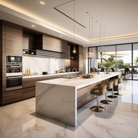 Meubles de cuisine modernes de haute qualité, sur mesure, en bois massif, placage naturel, structure en acier inoxydable avec accessoires d'évier pour villas