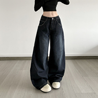 Jeans de Mujer de Tiro Bajo, Estilo Harem, Pierna Ancha, con Estampado de Texto, Ajuste Holgado, Lavado Azul Oscuro, con Bolsillos