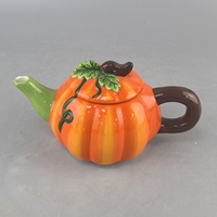 QIHE Pot en céramique moderne et classique, motif citrouille de dessin animé mignon avec feuilles, thème Halloween, avec couvercle de théière à effet de simulation, sans impression