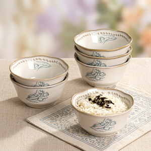 Custom Retro Ceramic <b>6</b>-Piece Plant Pattern Bowl Dish <b>Set</b> with Tulip French Relief Design Microwave Safe Reusable Oval Shape - Product Image 1