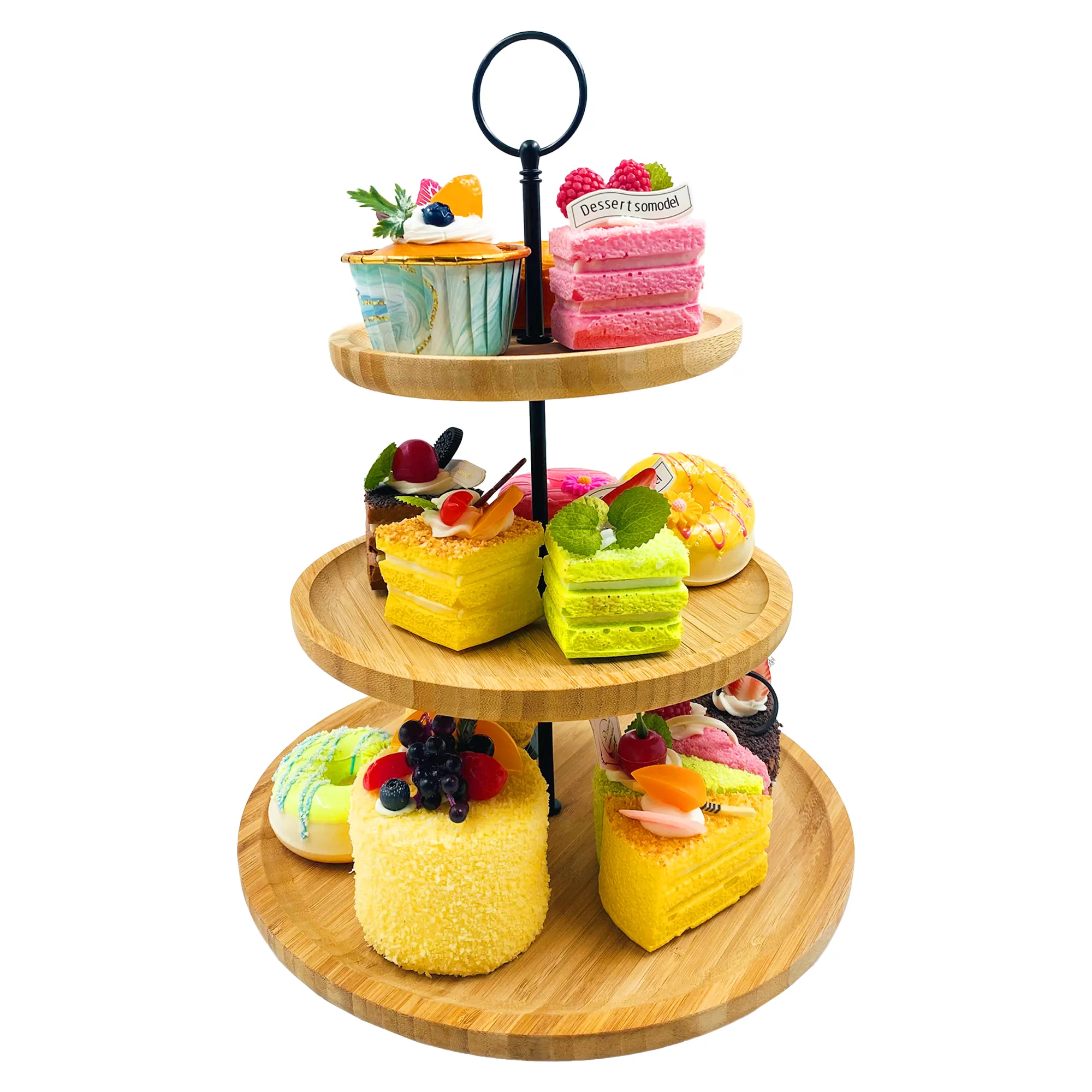 Customized design wedding bamboo cake stand 3 tiers with rotating bamboo cup cake bread display stand