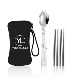Custom Logo Reusable Travel Cutlery Set <b>Folding</b> Spork Detachable Chopsticks Zipper Pouch for Promotional Activities - Product Image 1