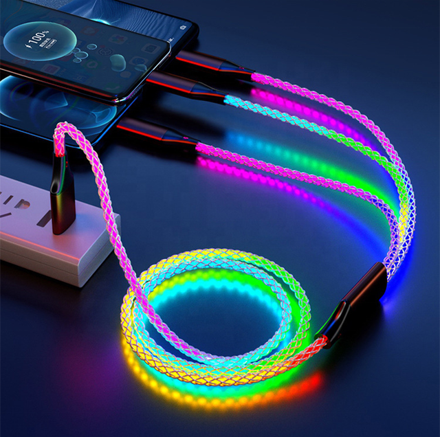 2026 New Hot Selling 66W RGB LED Flowing Light 3-in-1 Type-C USB Data Cable with Tinned Copper Conductor for IOS & Computer