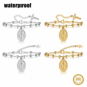 Pulsera de cuentas con cruz de la Virgen María, chapada en oro de 18 quilates, de acero inoxidable, moderna y religiosa, para aniversarios. - Product Image 1