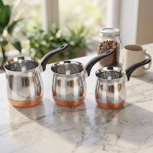 Juego de 3 Calentadores de Café de Acero Inoxidable con Base de Cobre, Compatibles con Inducción/Gas, Acabado Cromado, Mango Resistente al Calor, Conserva el Calor Durante 6 Horas - Product Image 3