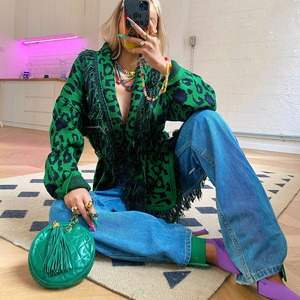 Thời trang mùa đông dài tay áo Thả Vai quá khổ báo Jacquard Bohemian tua Áo len <span class=keywords><strong>cardigan</strong></span> phụ nữ - Product Image 5