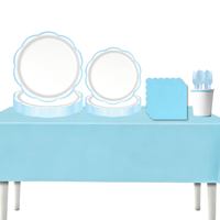 En stock – Ensemble de vaisselle jetable bleu à bordure dentelle pour fête d'anniversaire : assiettes, gobelets, serviettes, couteaux, fourchettes, cuillères et décorations de fête