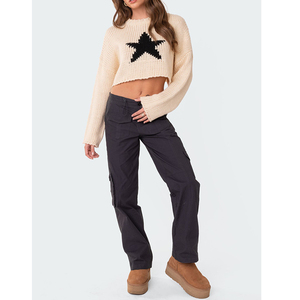 Áo len nữ dáng ngắn mùa đông, cổ tròn, chất liệu dệt kim rộng rãi, in logo tùy chỉnh, họa tiết ngôi sao, kiểu dáng áo len chui đầu thường ngày. - Product Image 5