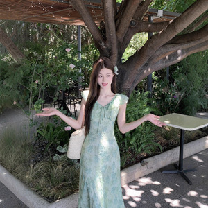 Green Floral Print Sundress For Women Long Skirt Tie Neck Breathable Casual Dress Summer Beach Vacation Wear - Product Image 1