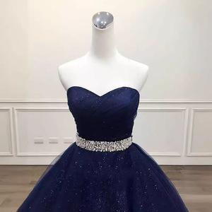 Navy Blue Strapless Sweetheart Ball Gown Organza Evening Dress For Banquet Wedding Toasting - Product Image 3