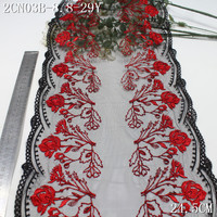 Dentelle brodée noire 24CM avec broderie florale rouge sur tulle maillé pour la conception de lingerie – Vente en gros