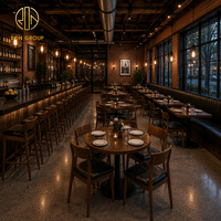Ensemble de meubles de restaurant industriels Ron Group, banquette en cuir noir à dossier haut, table ronde en bois et chaises