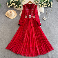 Robe longue élégante pour femme en dentelle rose à manches longues, coupe trapèze, avec ceinture, broderie de sequins, col rabattu, pour soirée décontractée