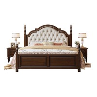 Tempat Tidur Double 18m Gaya Vintage Country Amerika dari Kayu Mahoni Solid dengan Headboard Berlapis Kain dan Desain Kotak Penyimpanan Tinggi Model Kastil
